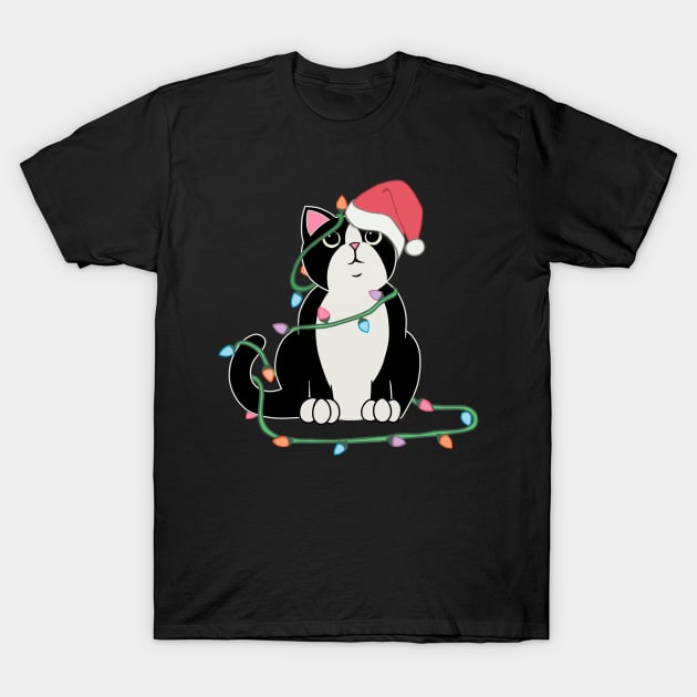 Tuxedo Cat Christmas lights funny cat lover xmas hat T-Shirt by xenotransplant